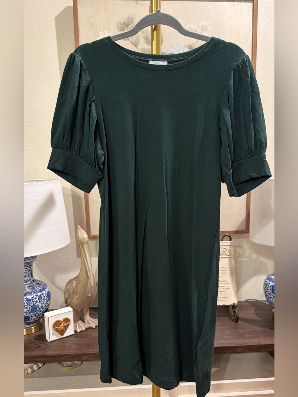 Daily Ritual Dark Green Puff-Sleeve Midi Shift Dress